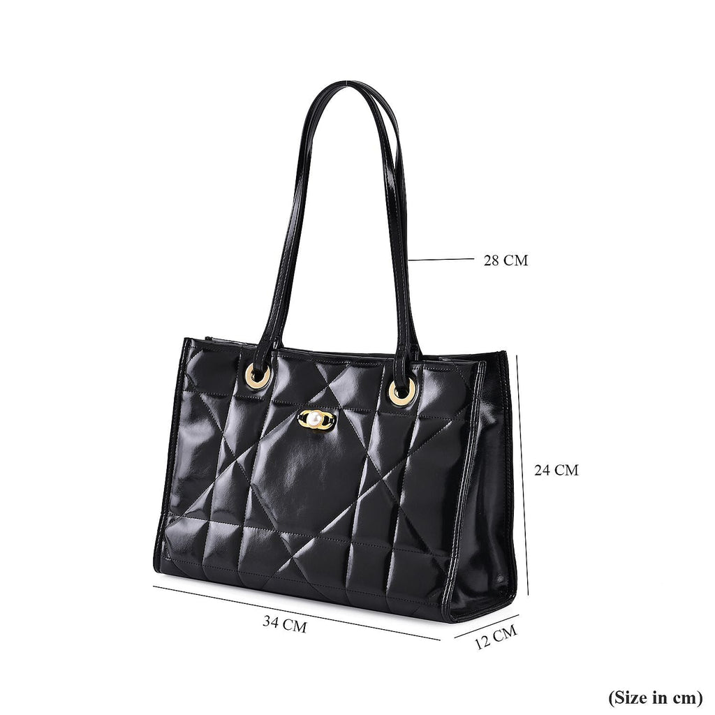 MEGA CLOSEOUT DEAL- Designer Genuine Leather Geometric Pattern Quilted Tote Bag - Black