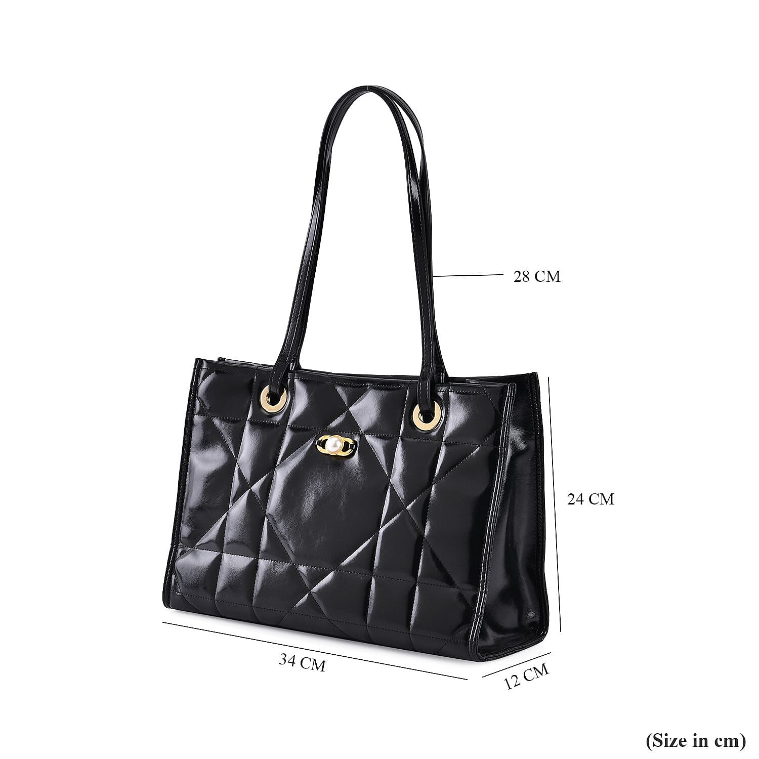 MEGA CLOSEOUT DEAL- Designer Genuine Leather Geometric Pattern Quilted Tote Bag - Black