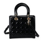 Genuine Leather Quilted Lattice Crossbody Bag with Handle Drop - Black