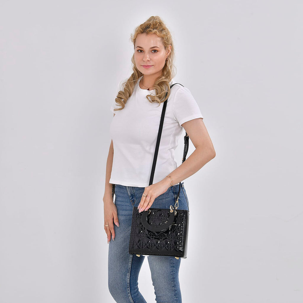 Genuine Leather Quilted Lattice Crossbody Bag with Handle Drop - Black