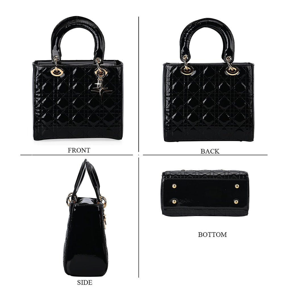 Genuine Leather Quilted Lattice Crossbody Bag with Handle Drop - Black