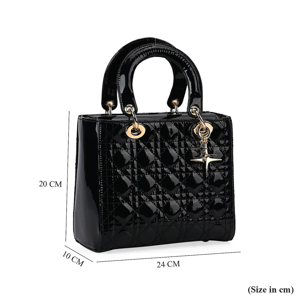 Genuine Leather Quilted Lattice Crossbody Bag with Handle Drop - Black