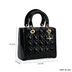 Genuine Leather Quilted Lattice Crossbody Bag with Handle Drop - Black