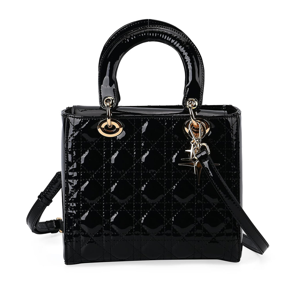 Genuine Leather Quilted Lattice Crossbody Bag with Handle Drop - Black