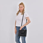 Genuine Leather Quilted Lattice Crossbody Bag with Handle Drop - Black