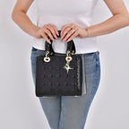 Genuine Leather Quilted Lattice Crossbody Bag with Handle Drop - Black