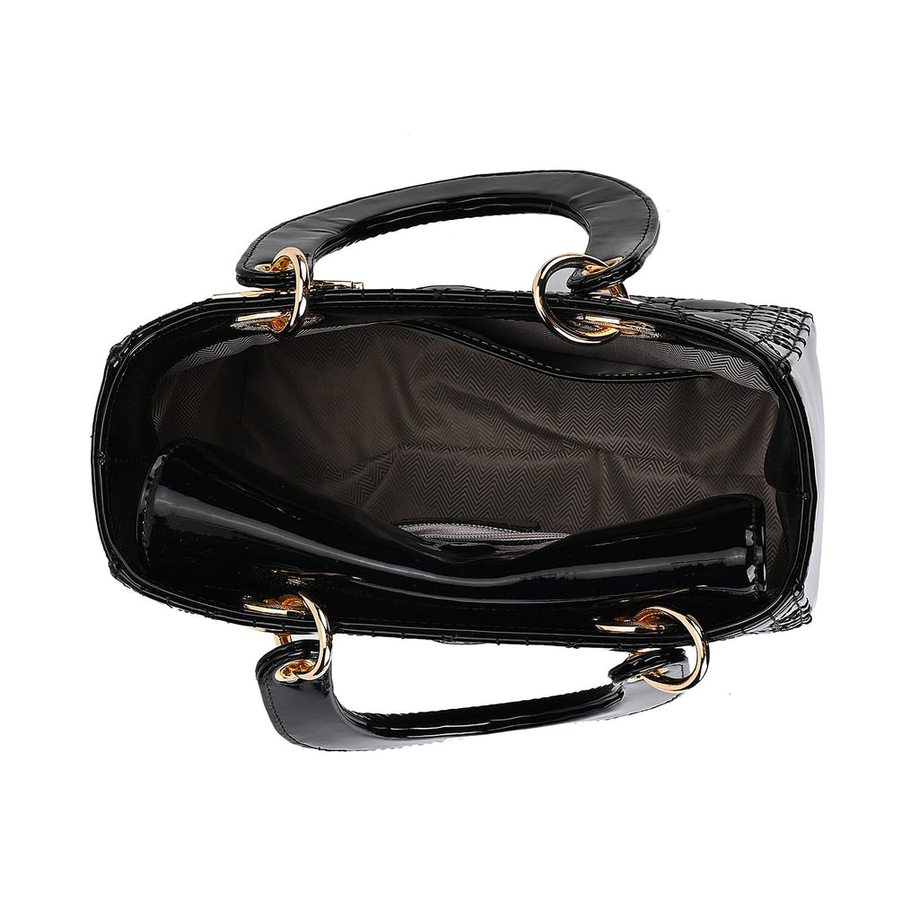 Genuine Leather Quilted Lattice Crossbody Bag with Handle Drop - Black