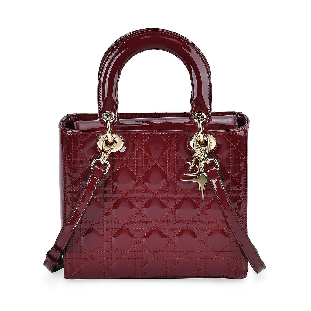 100 % Genuine Leather Quilted Lattice Pattern Crossbody Bag - Burgund