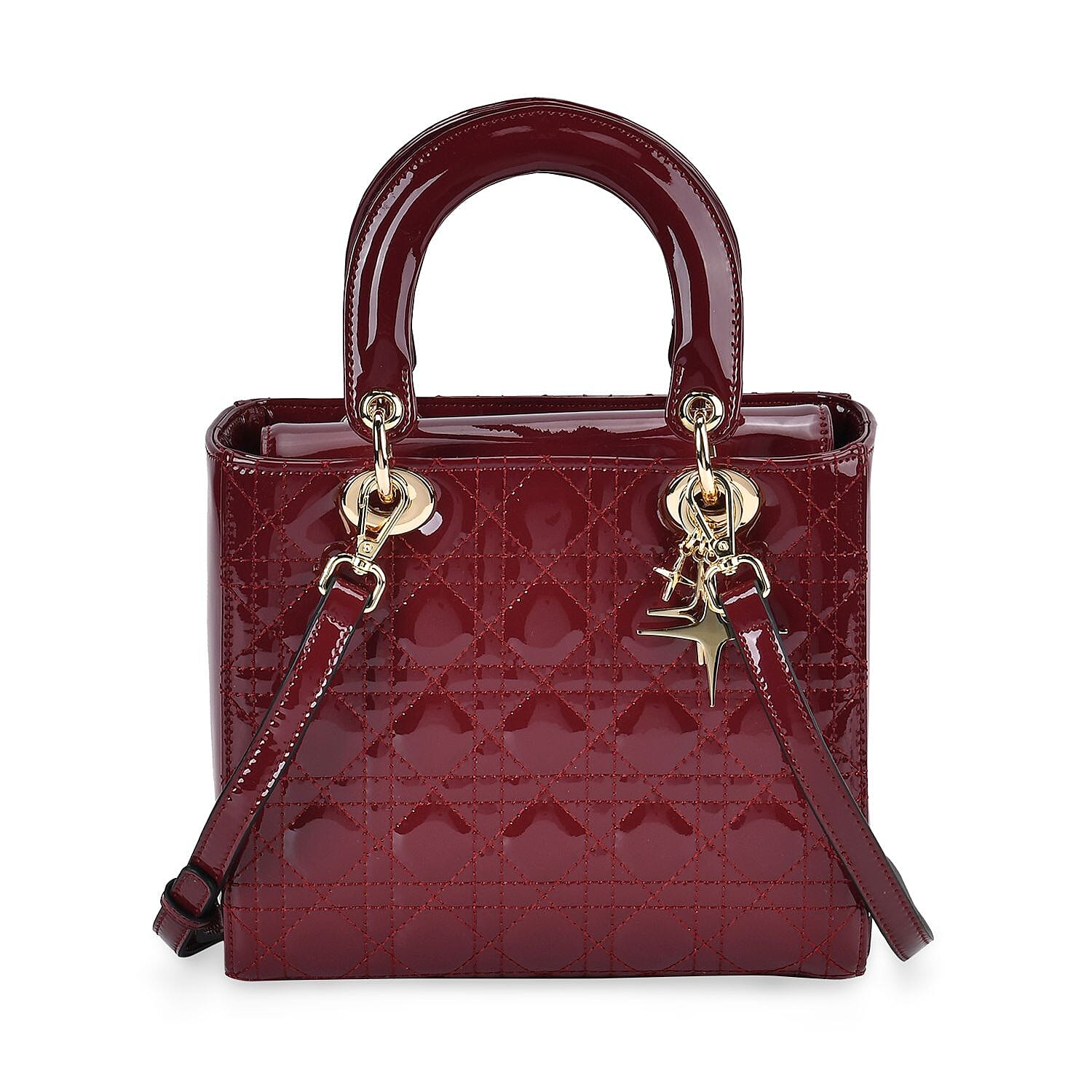100 % Genuine Leather Quilted Lattice Pattern Crossbody Bag - Burgund