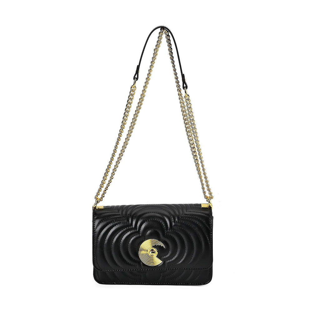 100% Genuine Leather Clover Pattern Crossbody Bag with Shoulder Strap - Black