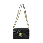 100% Genuine Leather Clover Pattern Crossbody Bag with Shoulder Strap - Black