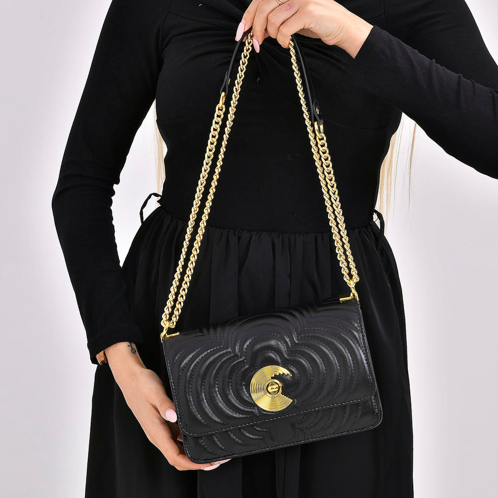 100% Genuine Leather Clover Pattern Crossbody Bag with Shoulder Strap - Black
