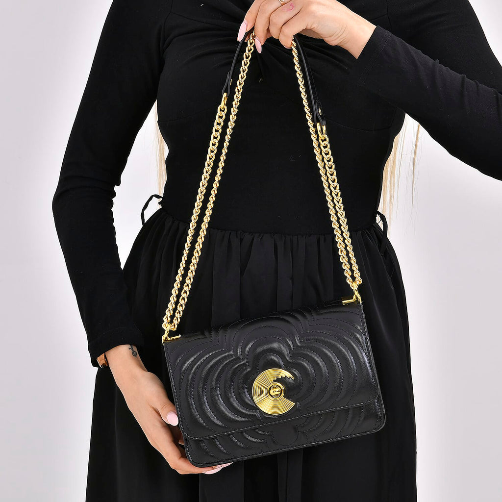 100% Genuine Leather Clover Pattern Crossbody Bag with Shoulder Strap - Black