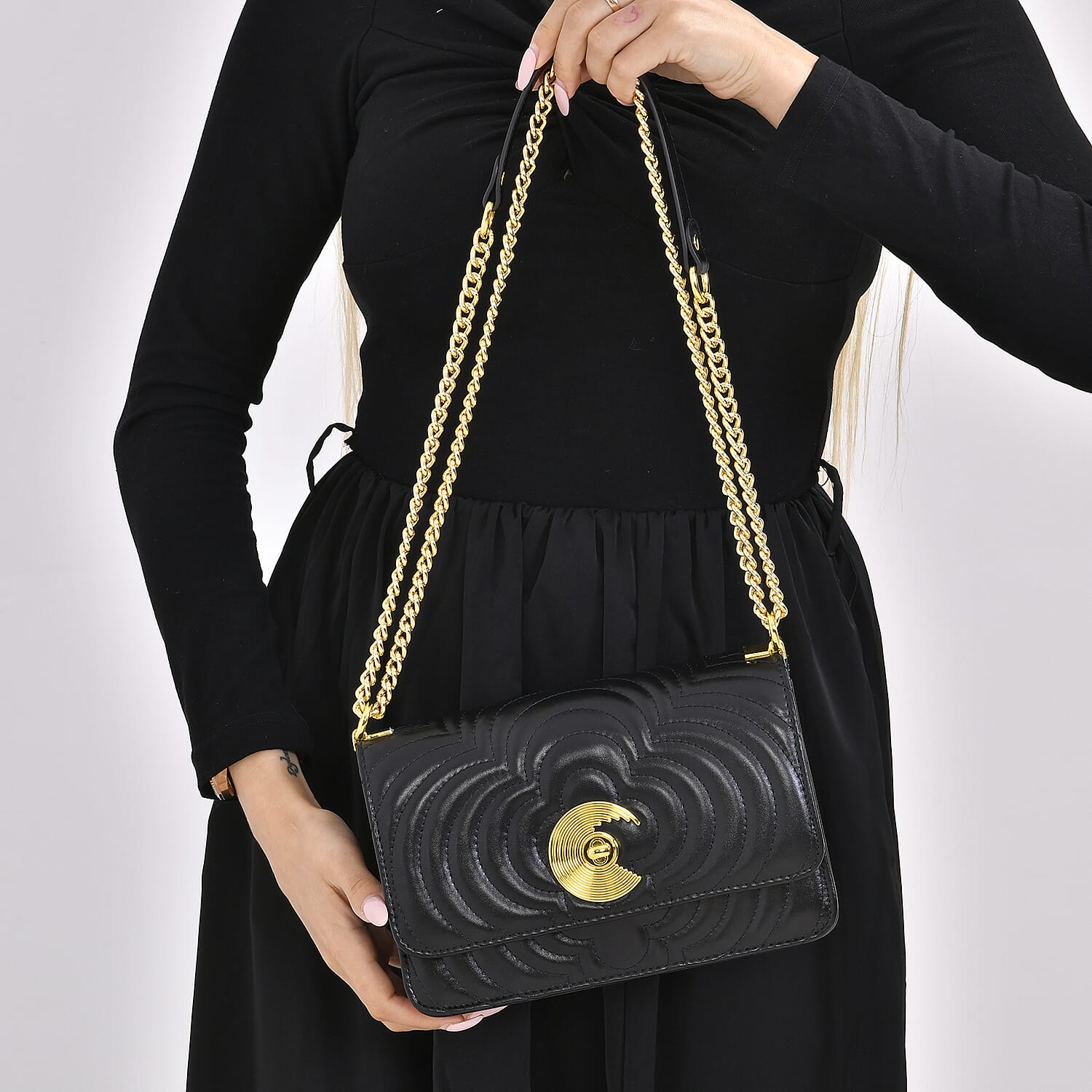 100% Genuine Leather Clover Pattern Crossbody Bag with Shoulder Strap - Black