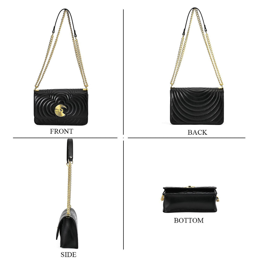 100% Genuine Leather Clover Pattern Crossbody Bag with Shoulder Strap - Black