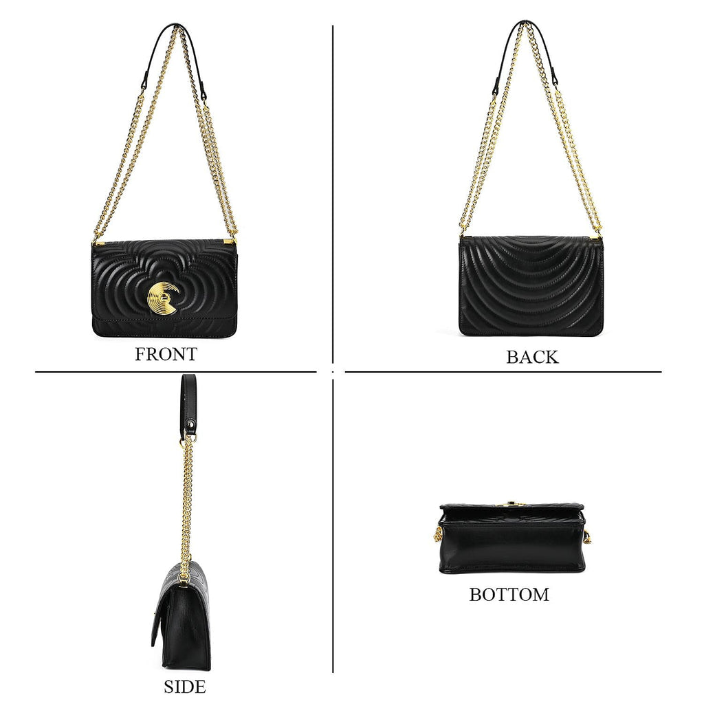 100% Genuine Leather Clover Pattern Crossbody Bag with Shoulder Strap - Black