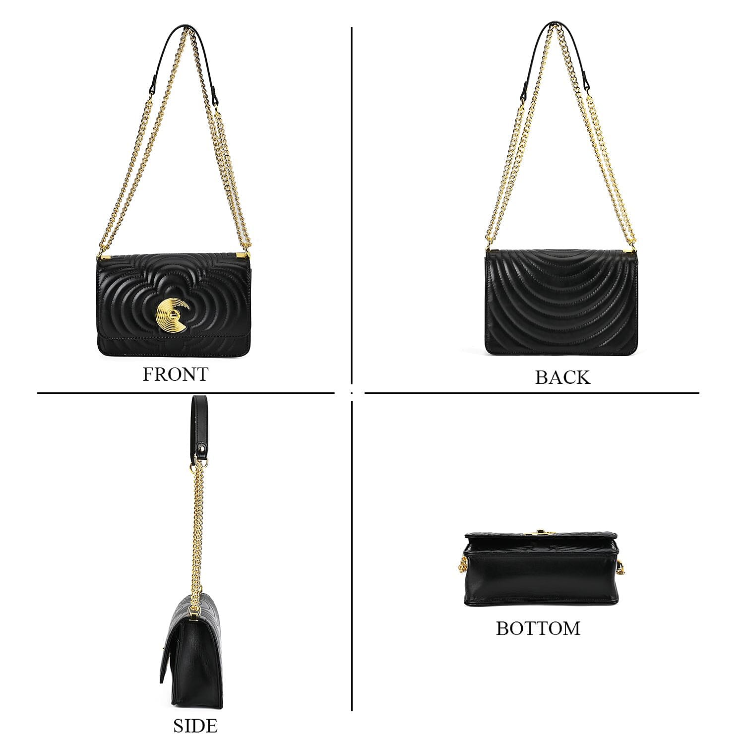 100% Genuine Leather Clover Pattern Crossbody Bag with Shoulder Strap - Black
