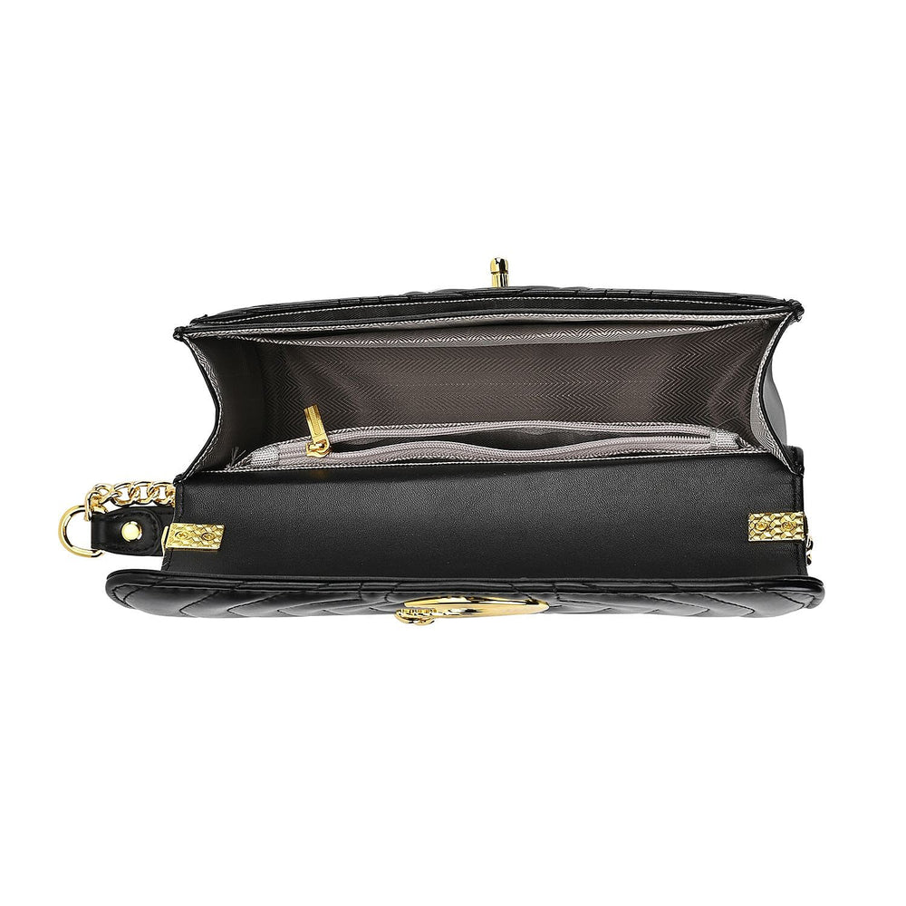 100% Genuine Leather Clover Pattern Crossbody Bag with Shoulder Strap - Black