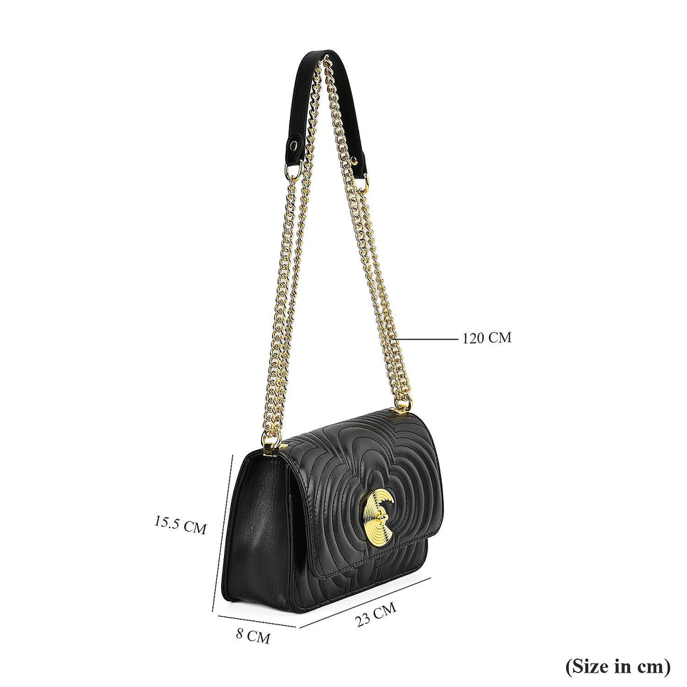 100% Genuine Leather Clover Pattern Crossbody Bag with Shoulder Strap - Black