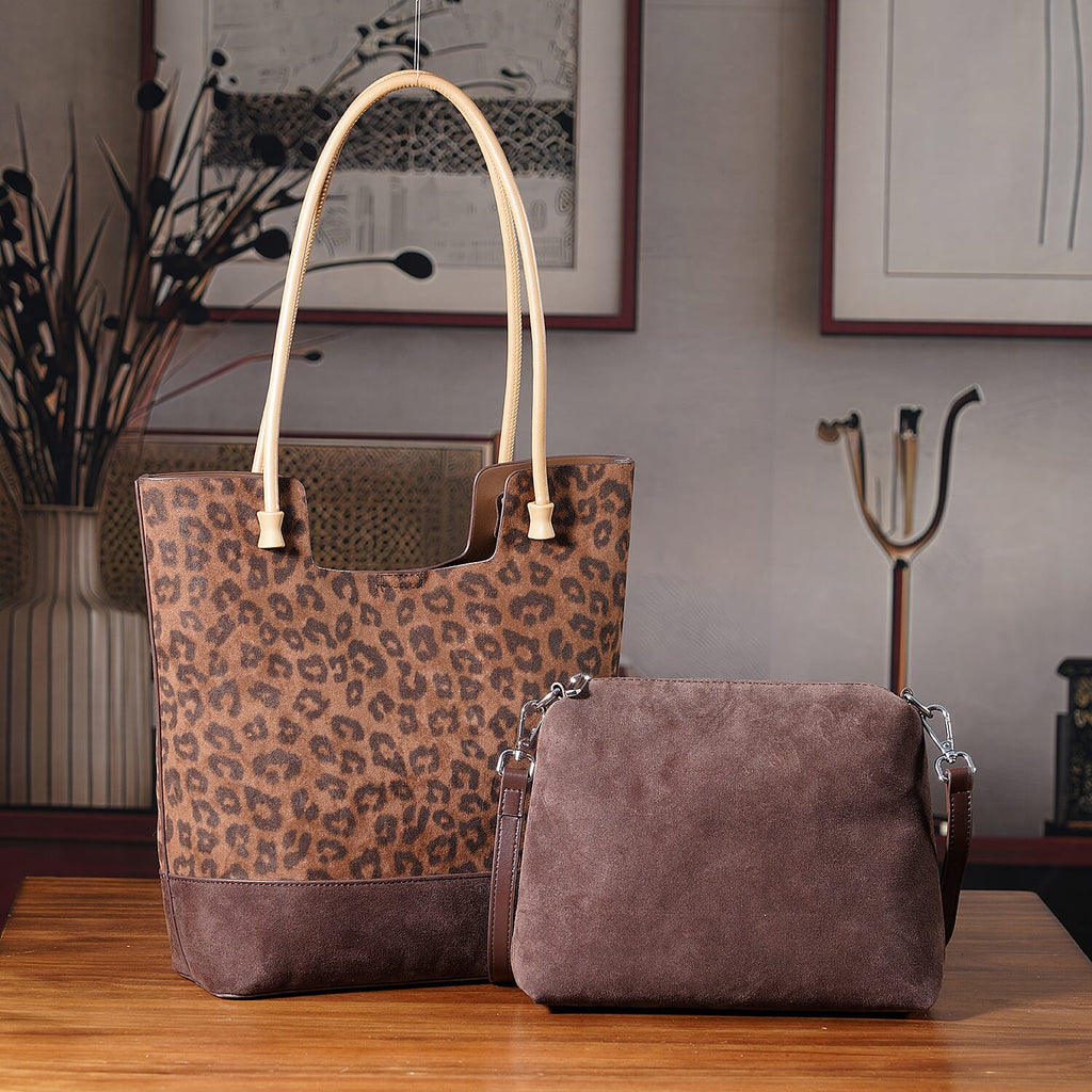 Gala Special Set of 2 Genuine Leather Leopard Tote Bag with Hand Bag