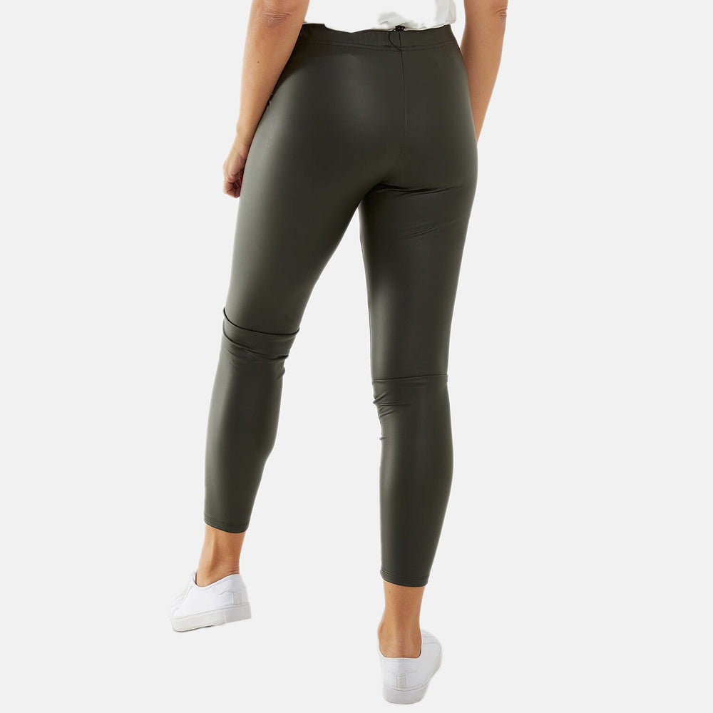 Leather Look Elasticated Waistband Leggings (Size 16 to 18)  - Olive