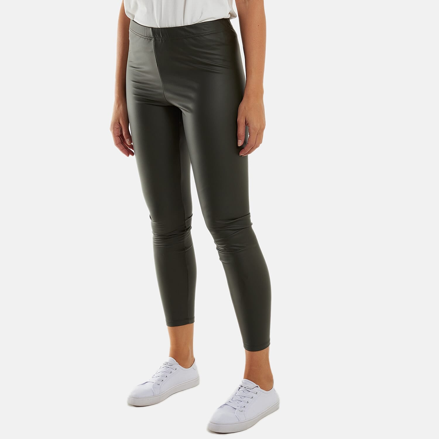 Leather Look Elasticated Waistband Leggings (Size 16 to 18)  - Olive