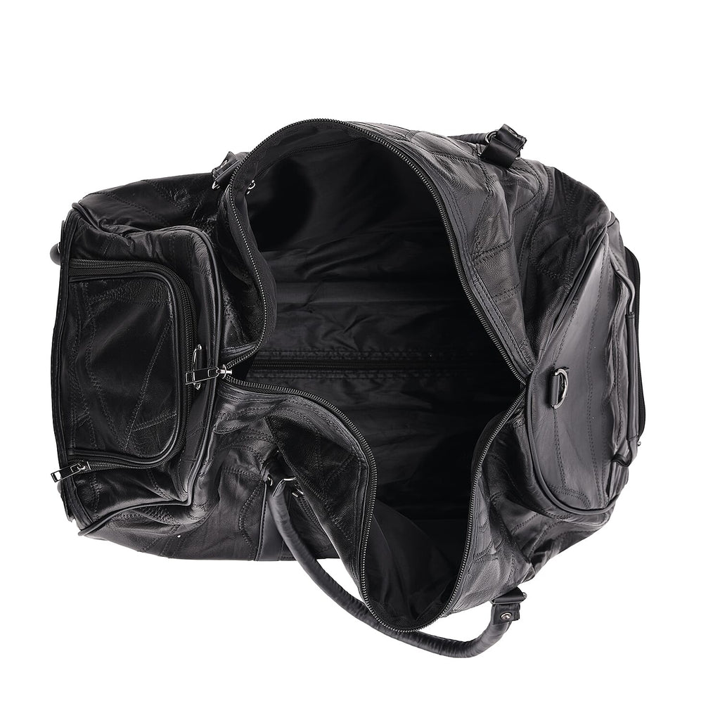 Patchwork Sheep Leather Travel Bag with Trolley - Black