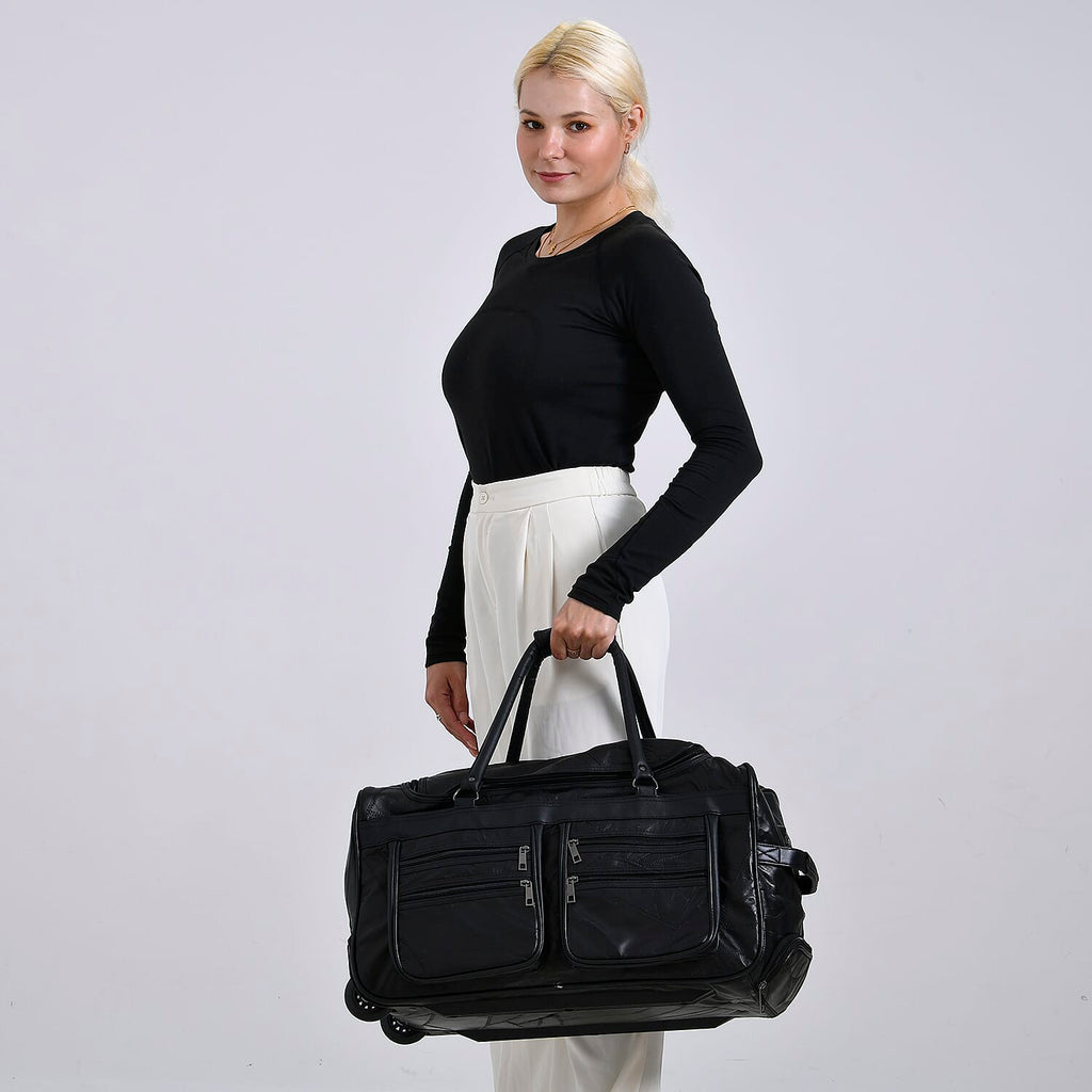 Leather Patchwork Travel Bag (Size 51x29x28 cm) - Black & Black