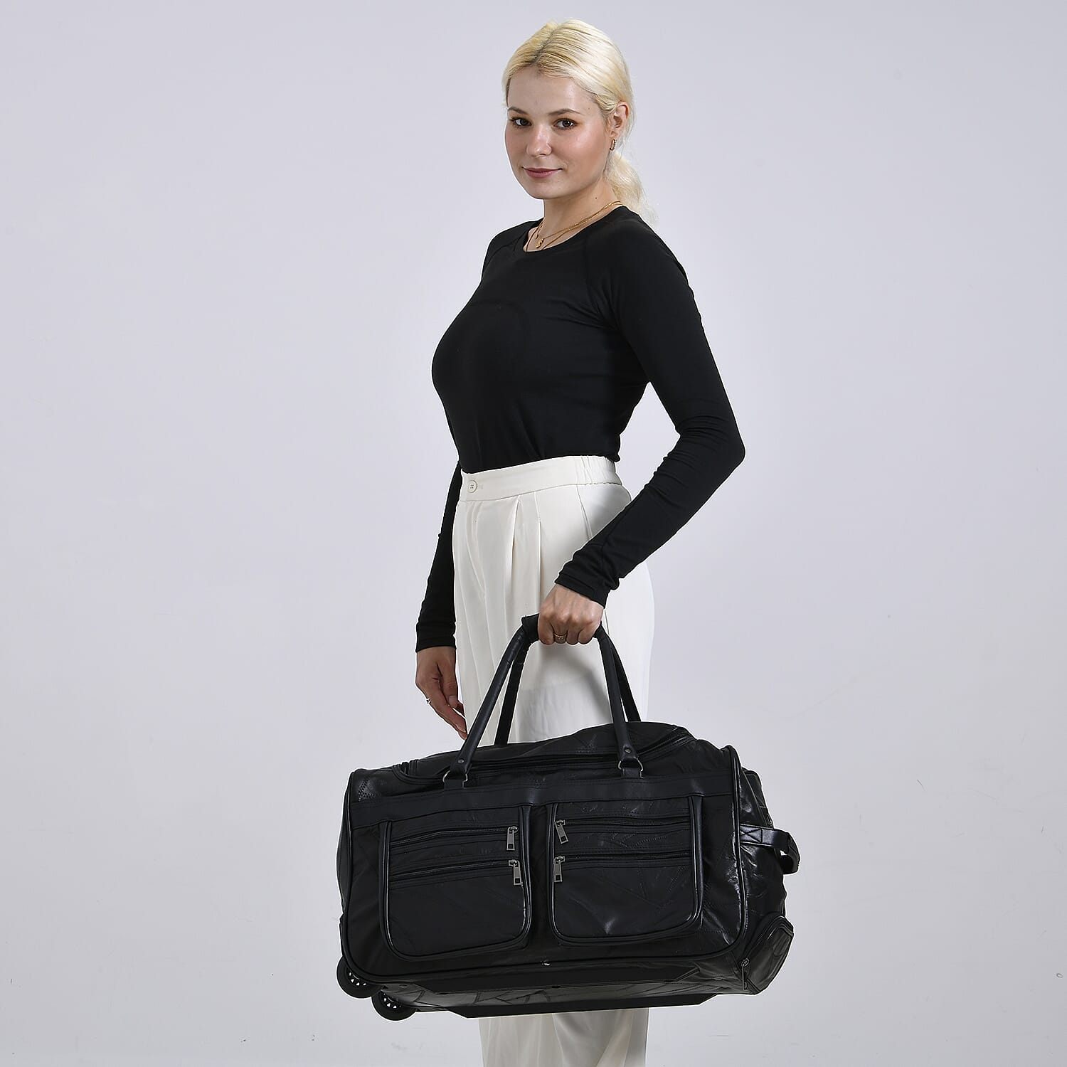 Leather Patchwork Travel Bag (Size 51x29x28 cm) - Black & Black