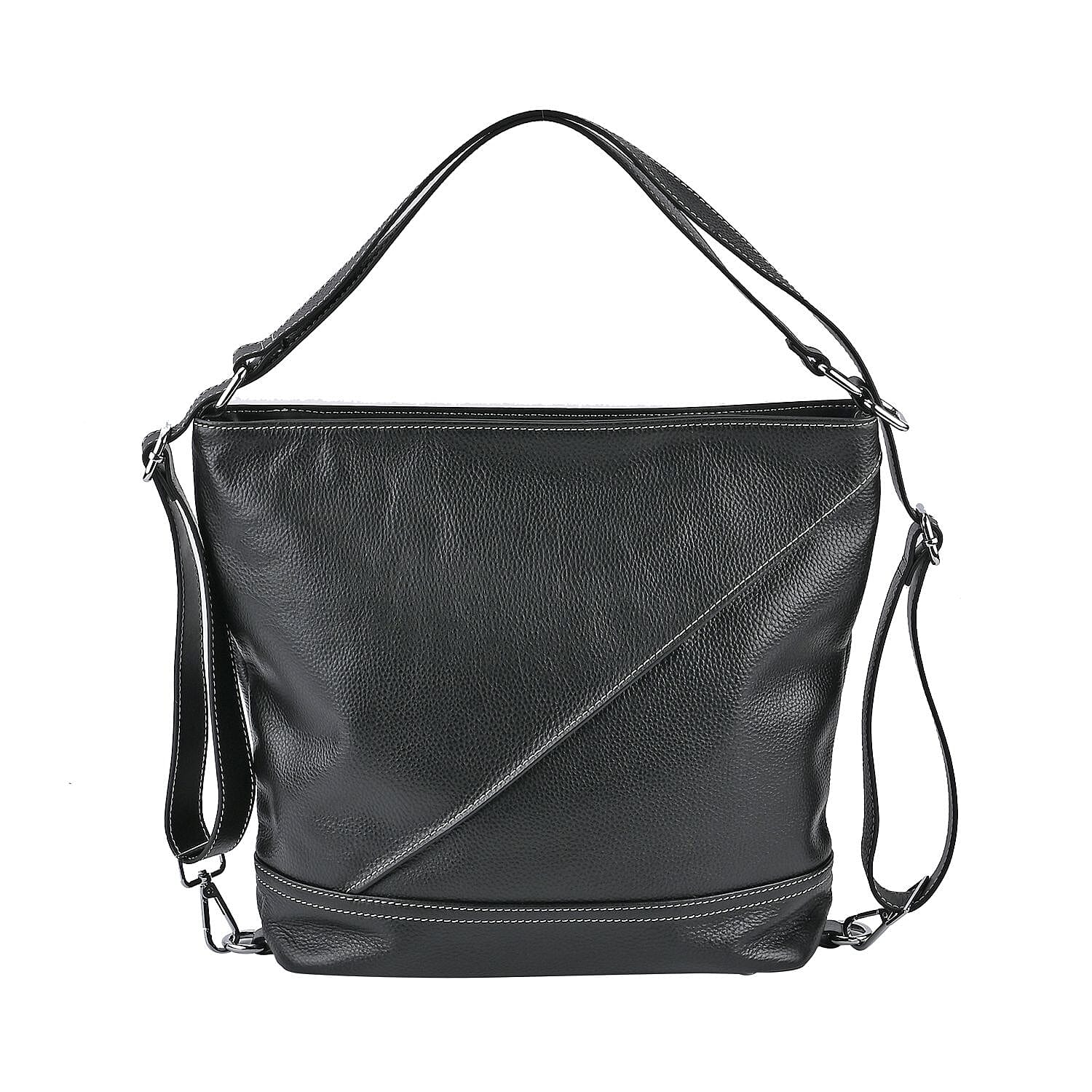 100% Genuine Leather Crossbody Bag with Adjustable Strap - Black