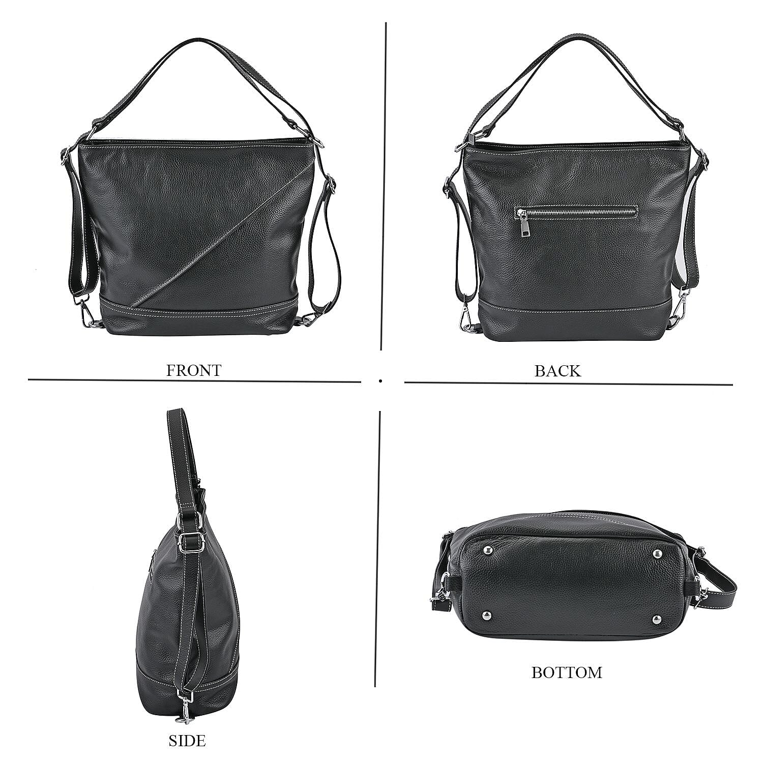 100% Genuine Leather Crossbody Bag with Adjustable Strap - Black