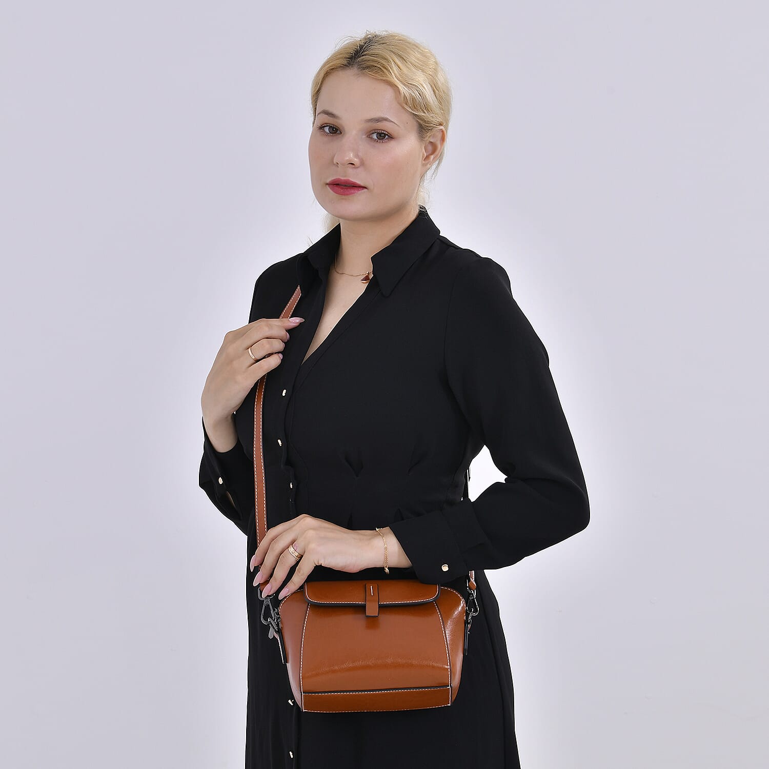 One Time Deal - Designer Inspired Leather Patterned Crossbody Bag (Size 23x10x14 cm) - Tan