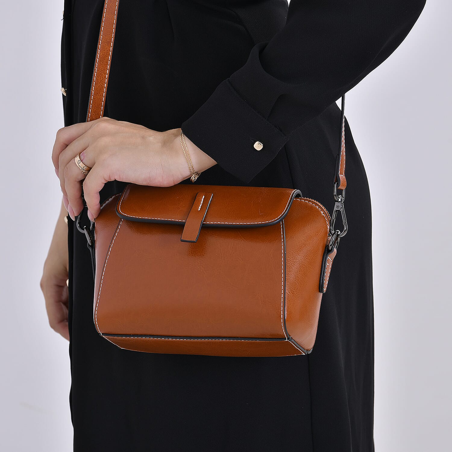 One Time Deal - Designer Inspired Leather Patterned Crossbody Bag (Size 23x10x14 cm) - Tan