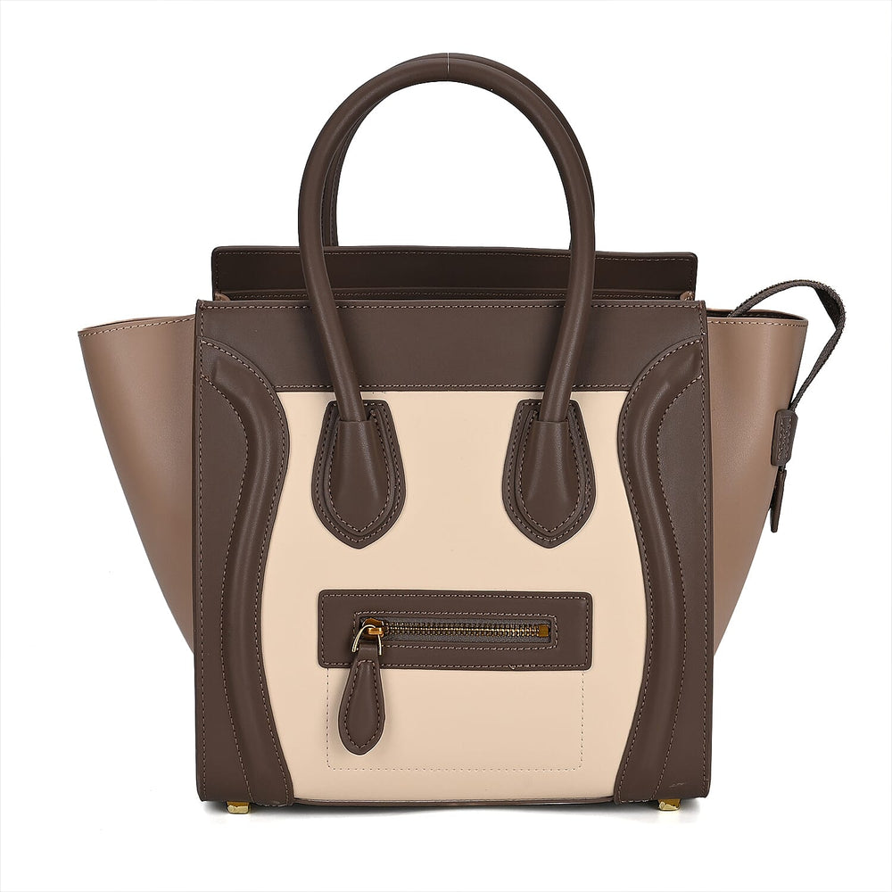 CLOSEOUT OFFER - DESIGNER INSPIRED - 100% Genuine Leather Crossbody Bag with Handle Drop - Beige - White