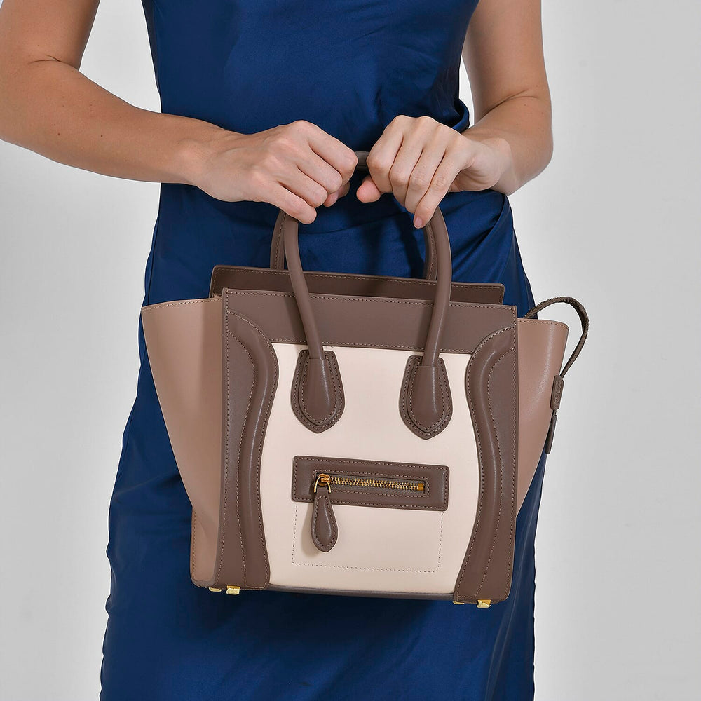 CLOSEOUT OFFER - DESIGNER INSPIRED - 100% Genuine Leather Crossbody Bag with Handle Drop - Beige - White