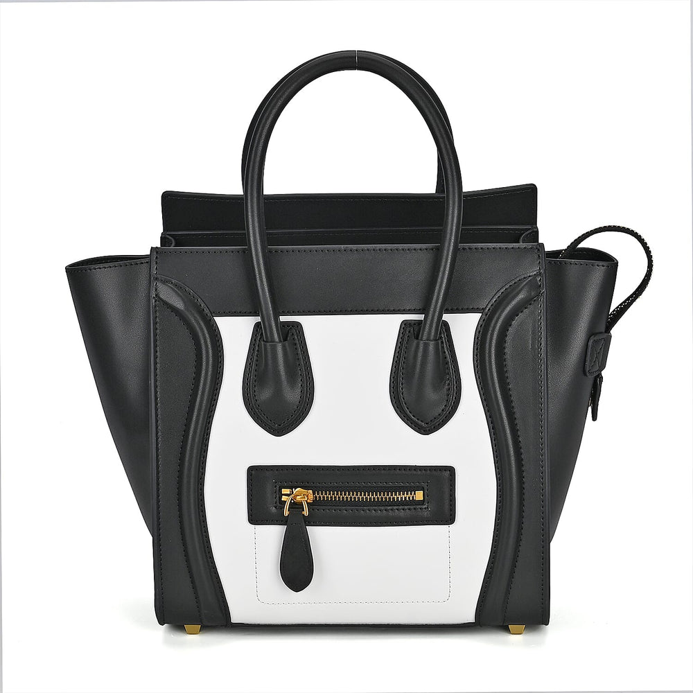 CLOSEOUT OFFER - DESIGNER INSPIRED 100% Genuine Leather Crossbody Bag with Handle Drop - Black - White