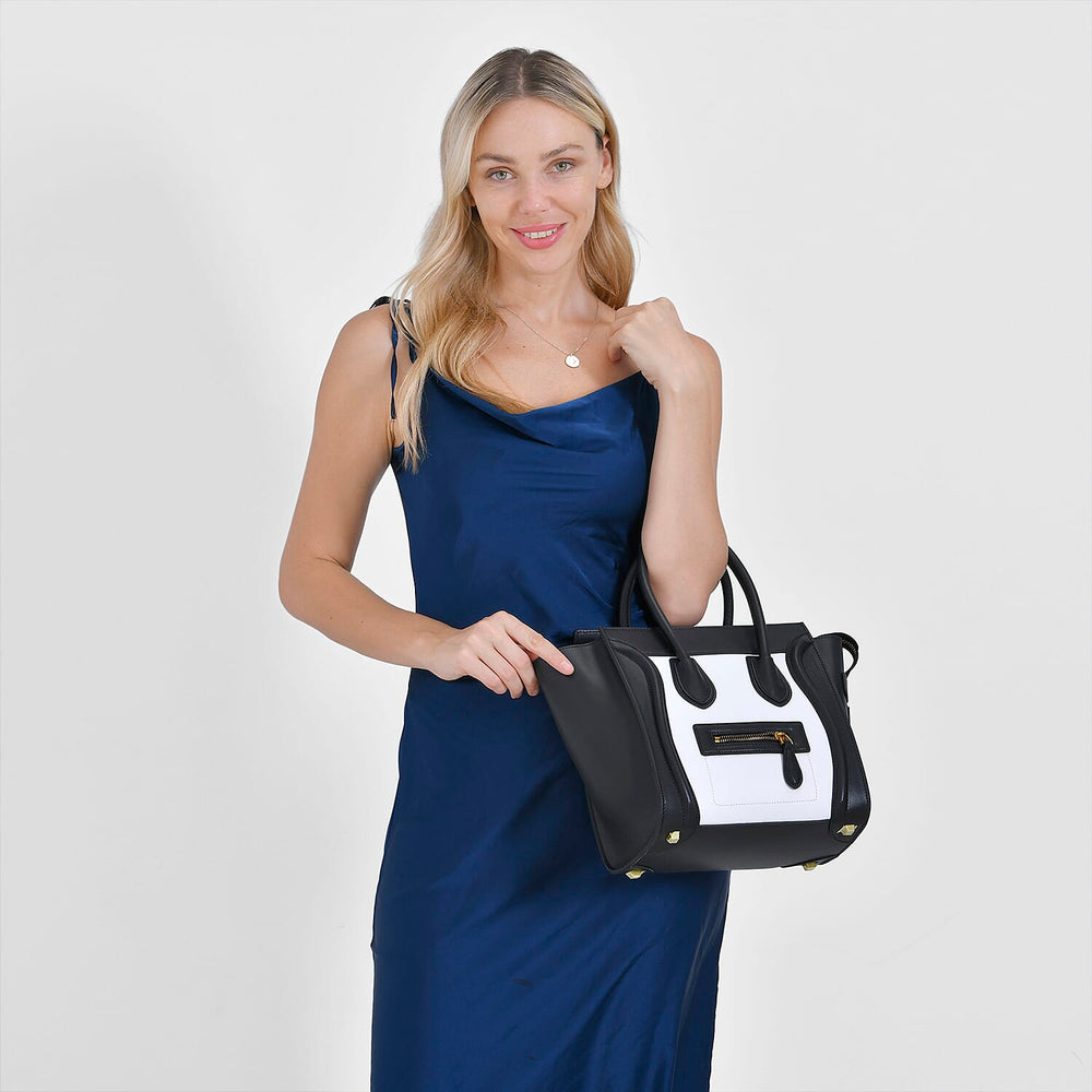 CLOSEOUT OFFER - DESIGNER INSPIRED 100% Genuine Leather Crossbody Bag with Handle Drop - Black - White