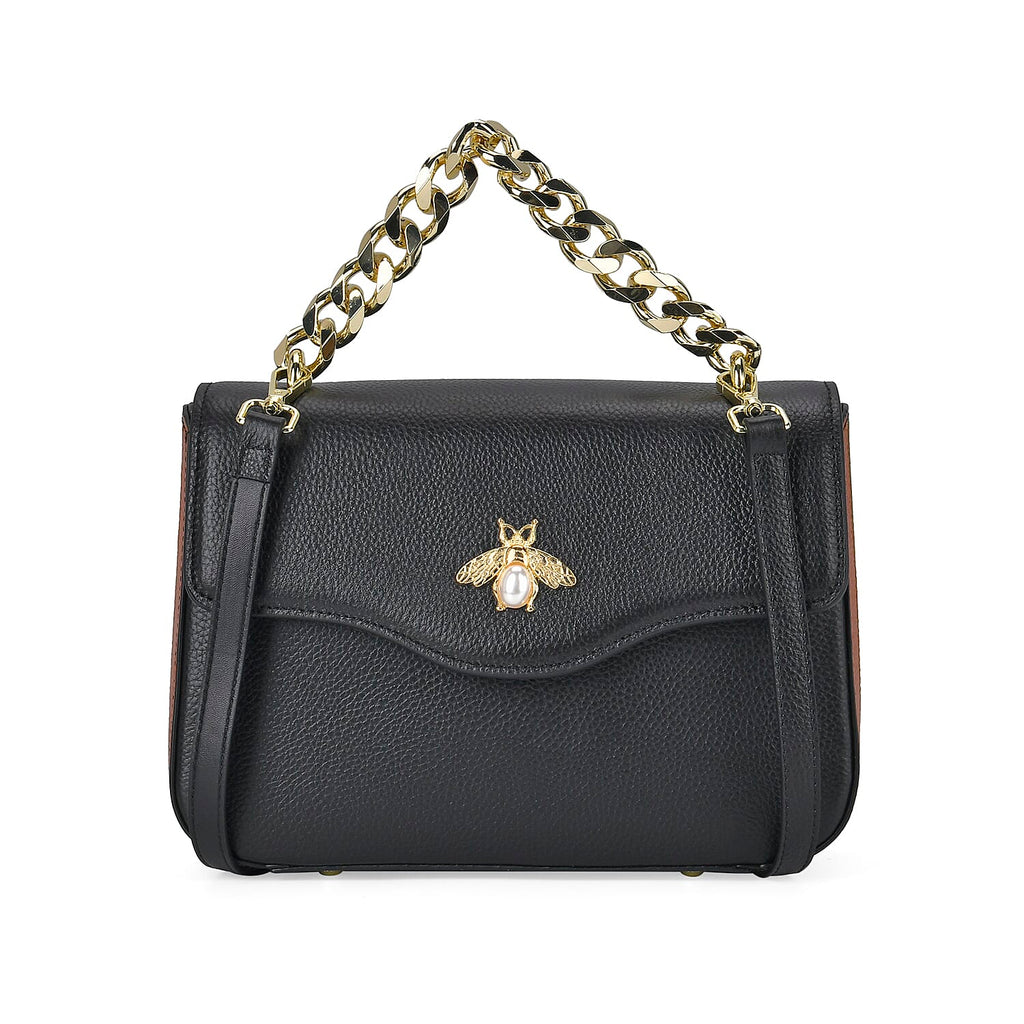 100% Genuine Leather Patterned Crossbody Bag - Black