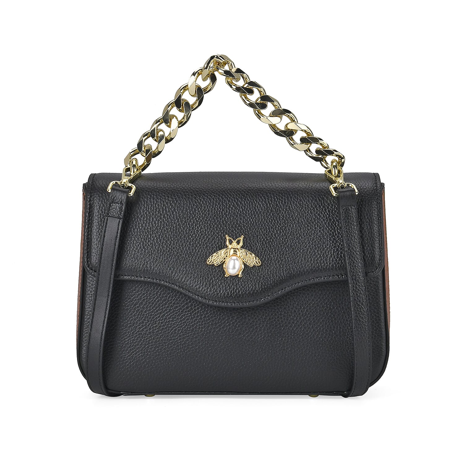 100% Genuine Leather Patterned Crossbody Bag - Black