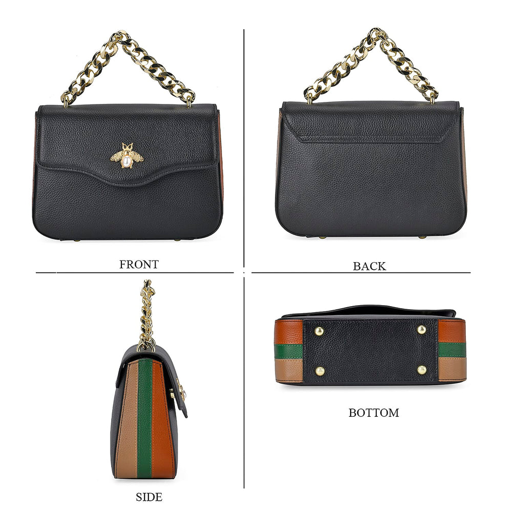 100% Genuine Leather Patterned Crossbody Bag - Black