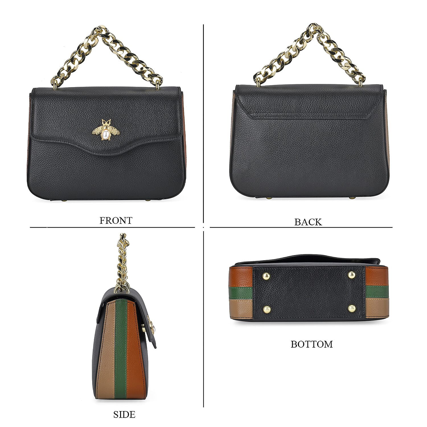 100% Genuine Leather Patterned Crossbody Bag - Black