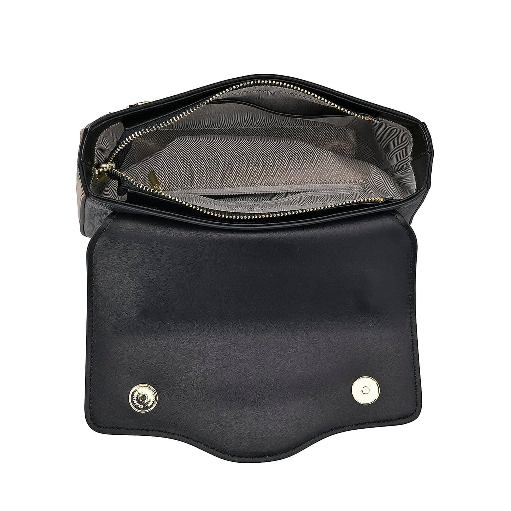 100% Genuine Leather Patterned Crossbody Bag - Black