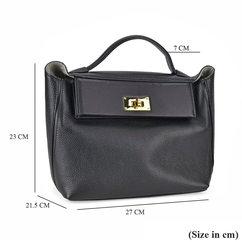 Genuine Leather Crossbody Bag with Handle Drop - Black