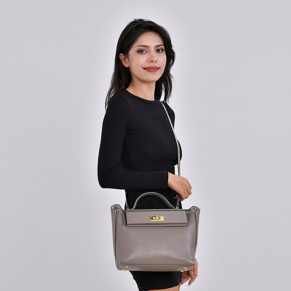 Genuine Leather Patterned Crossbody Bag - Grey