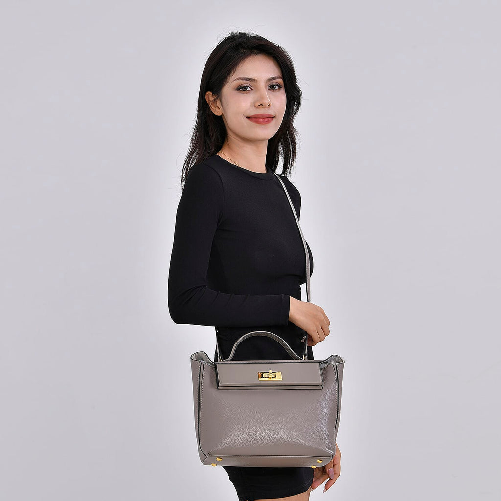 Genuine Leather Patterned Crossbody Bag - Grey