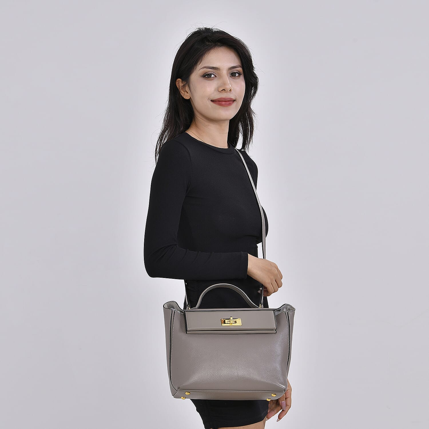 Genuine Leather Patterned Crossbody Bag - Grey