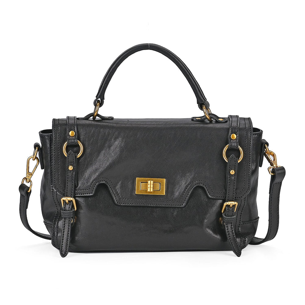 Italy Retro Noble Collection - Genuine Leather Crossbody Bag with Handle Drop - Black
