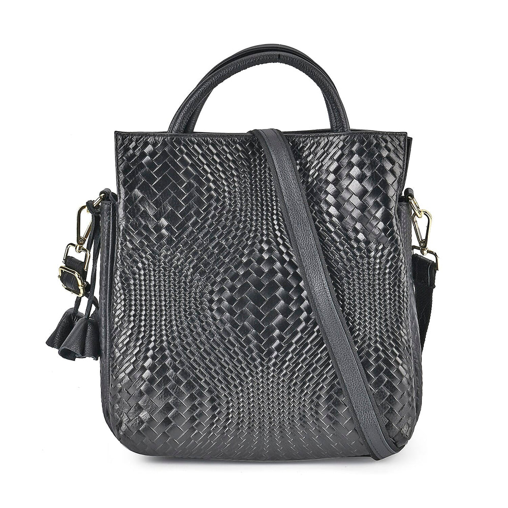 One Time Closeout Deal - 100% Genuine Leather Weave Patterned Crossbody Bag - Black