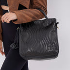 One Time Closeout Deal - 100% Genuine Leather Weave Patterned Crossbody Bag - Black