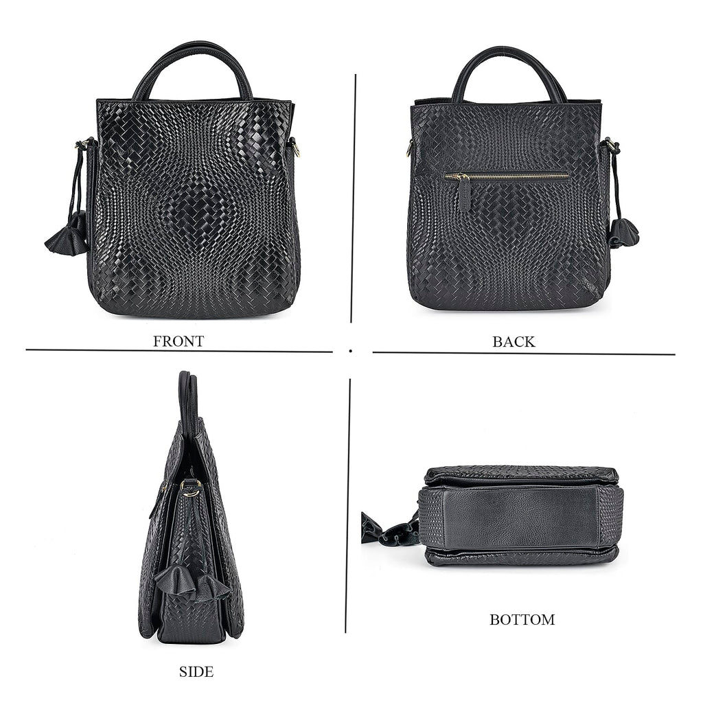One Time Closeout Deal - 100% Genuine Leather Weave Patterned Crossbody Bag - Black
